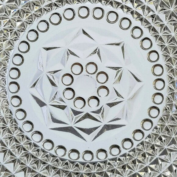 Vintage Handled Clear 10" Round Serving Bowl, Textured Triangles/Diamond & Dot - Picture 4 of 8